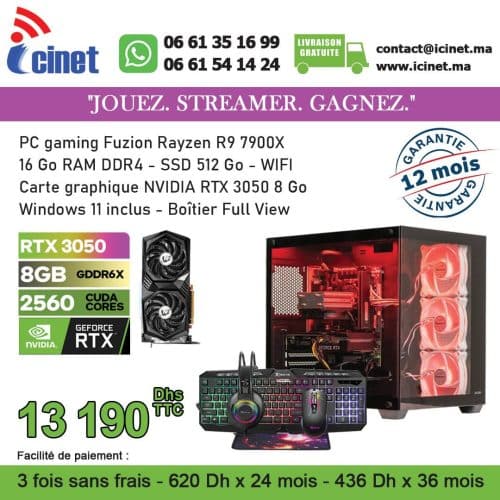 PC GAMER AMD R9 7900X 16G DDR5 - 512SSD- CM B650-S WIFI- 3V- ALIM 850W- RTX 3050 8G-FAN CPU LIQUID GX240R 2V-CLAV SOURIS TAPIS