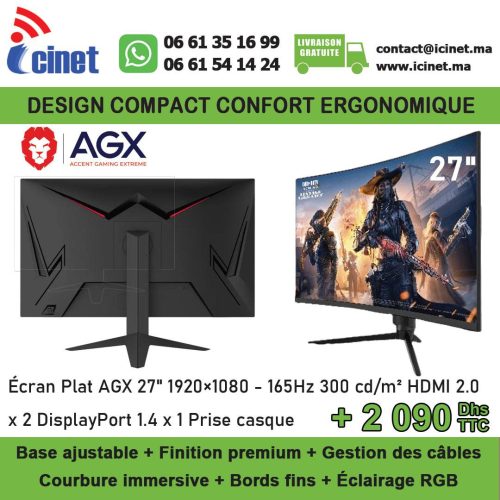 Écran Gaming AGX 27" Full HD 165Hz – Design Ergonomique avec Éclairage RGB