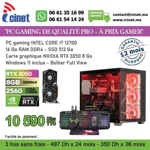 PC GAMER INTEL  I7 12700 - 16G DDR5 - 512SSD- RTX 3050 8G-CM B760- 3V- ALIM 850W-FAN CPU CPU LIQUID FAN GX360R 3V -CLAV SOURIS TAPIS