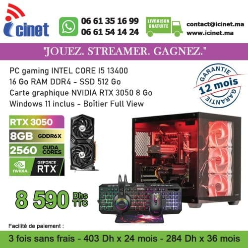 PC GAMER AMD  R5 3600 (FAN CPU INCLUS)- RTX 3050 8G- 8G DDR4-256SSD- CM A520 - 3V-ALIM 600W-CLAV SOURIS TAPIS
